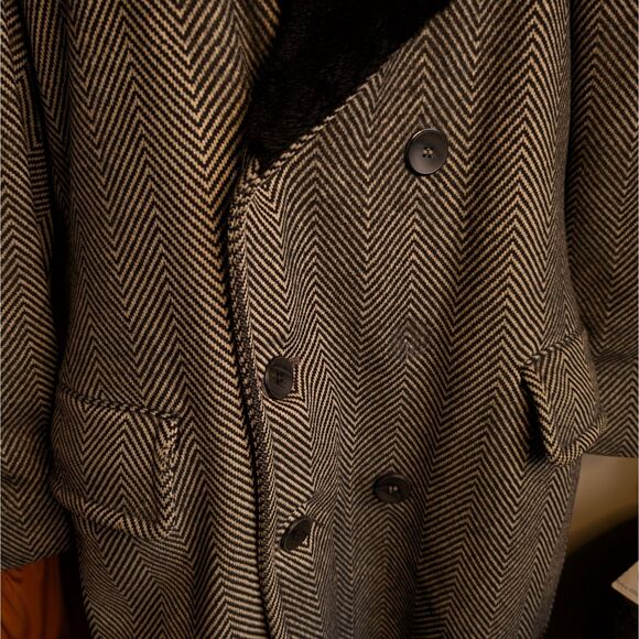 Vintage Herringbone Striped Overcoat Men's 38 Small/Medium Brown Wool Fur Lined - Picture 6 of 6